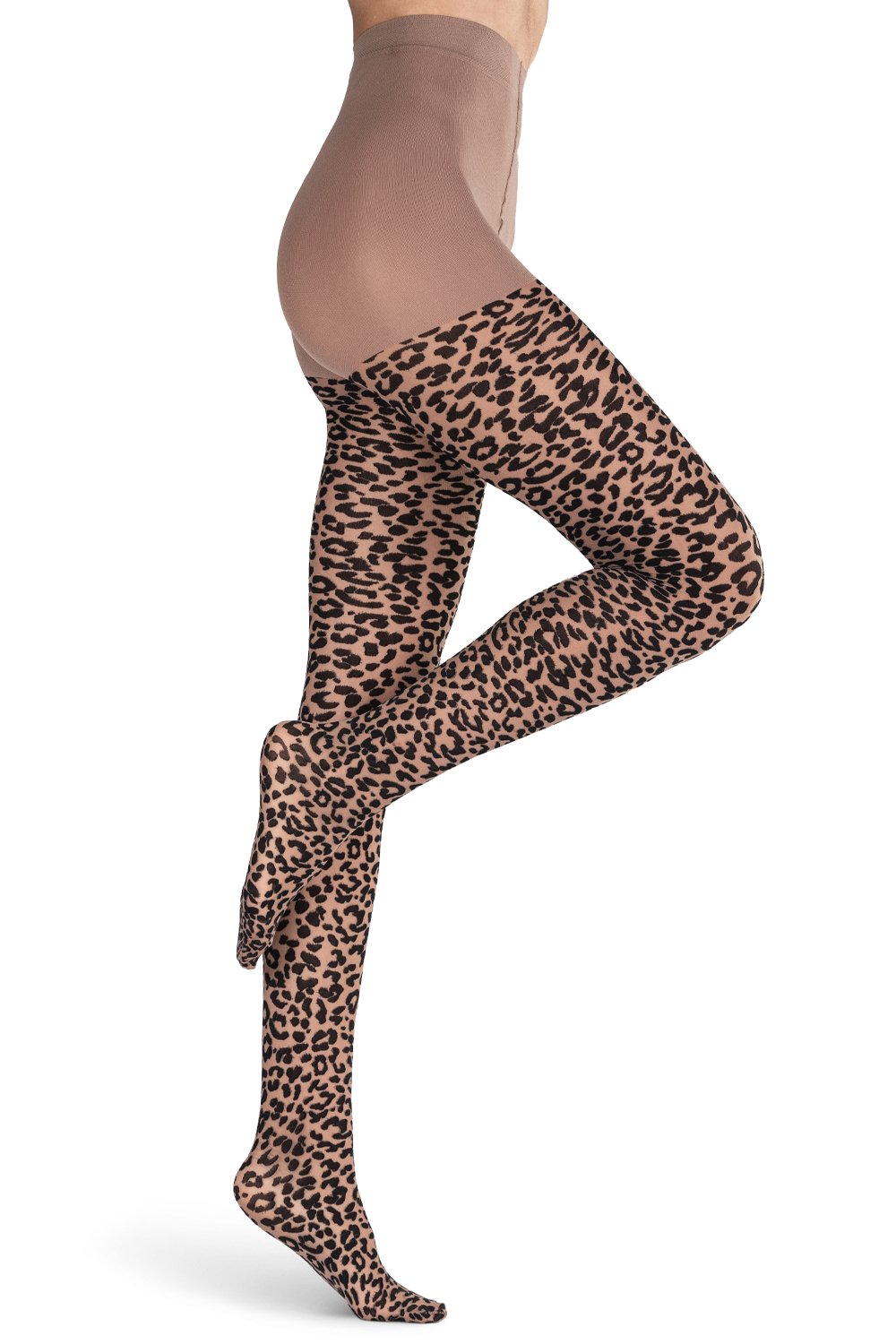 Women's Brown Sheer Thigh Highs with Leopard Print