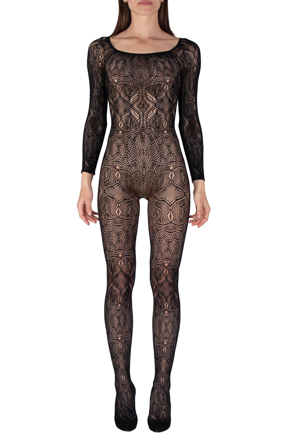 Long-sleeved lace bodysuit in Black for